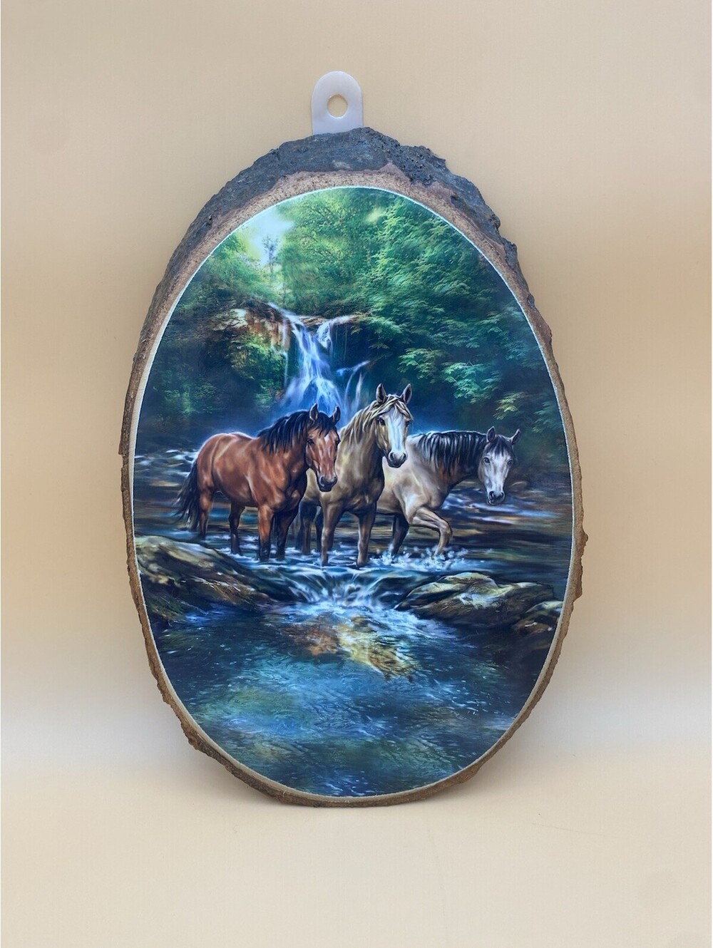 Vintage Horses, Waterfall & Forest Wooden Wall Art Plaque - 11"x7" - Tree Bark